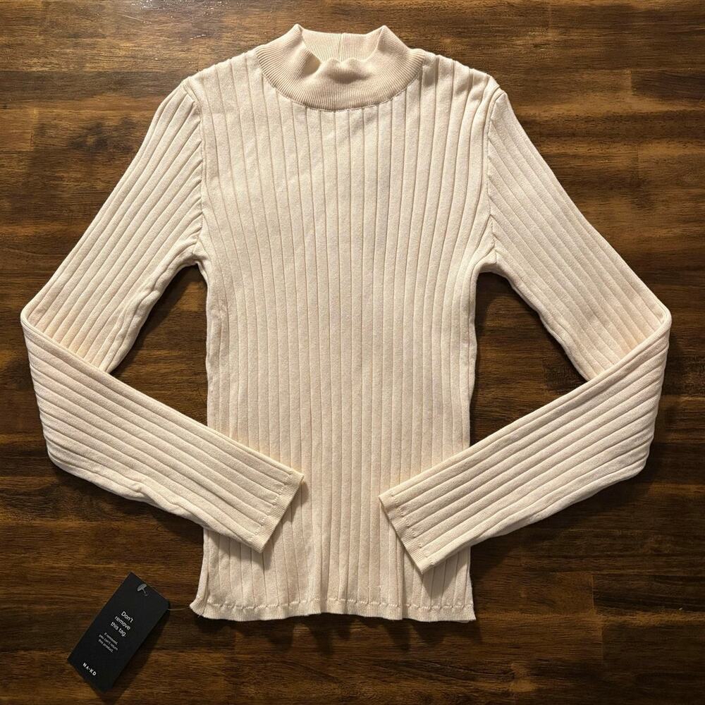 NA-KD Women’s Medium Sweater Mockneck Wide Ribbed Knitted Top Long Sleeve